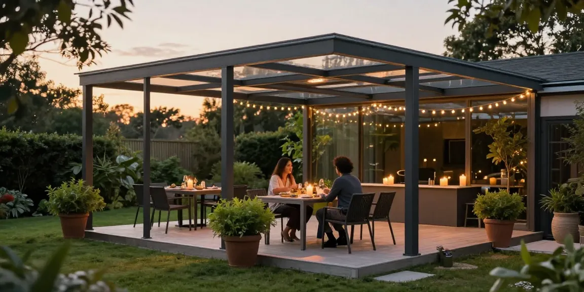 Elegante Terrassenüberdachungen aus Aluminium mit Glas, die einen gemütlichen Essbereich im Freien schaffen.