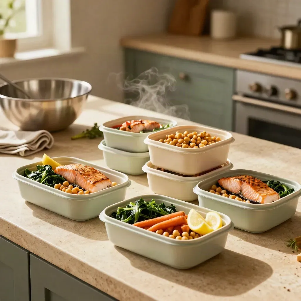 Sechs Meal-Prep-Boxen mit Lachs, Kichererbsen, Möhren und Grün auf warmem Steinsockel.