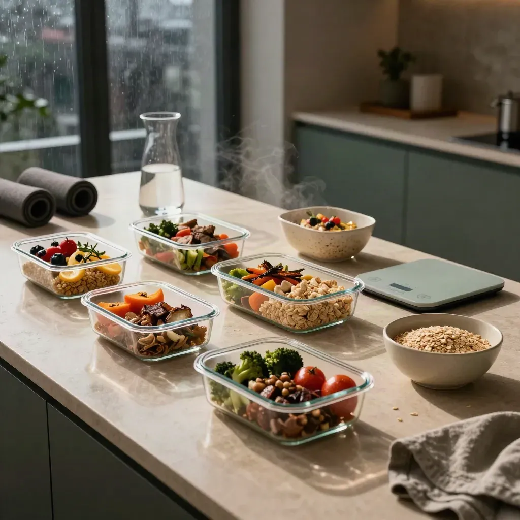 Milo Kilo Küchenmotiv mit Meal-Prep-Boxen, Waage, Karaffe und Sportgear nach Sommerregen