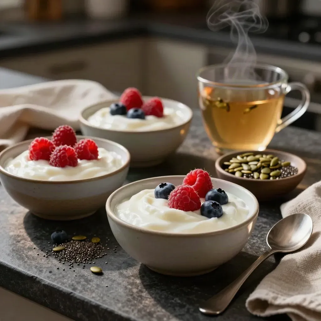 Joghurt, Beeren, Samen und Tee auf dunkler Steinplatte im warmen Abendlicht