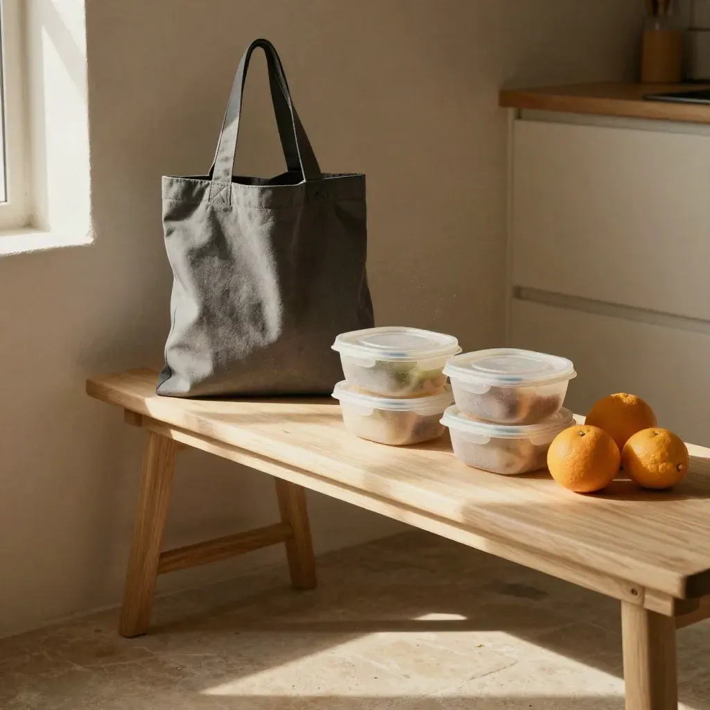 Weekendtasche, Meal-Prep-Boxen und Zitrusfrüchte auf heller Holzbank im warmen Licht.