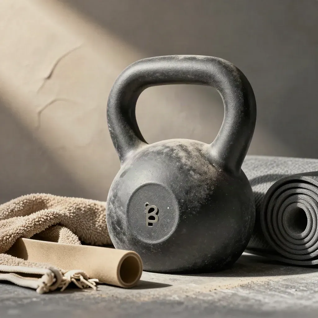 Kettlebell, Widerstandsband, Handtuch und Matte an kalkiger Wand im Makro.