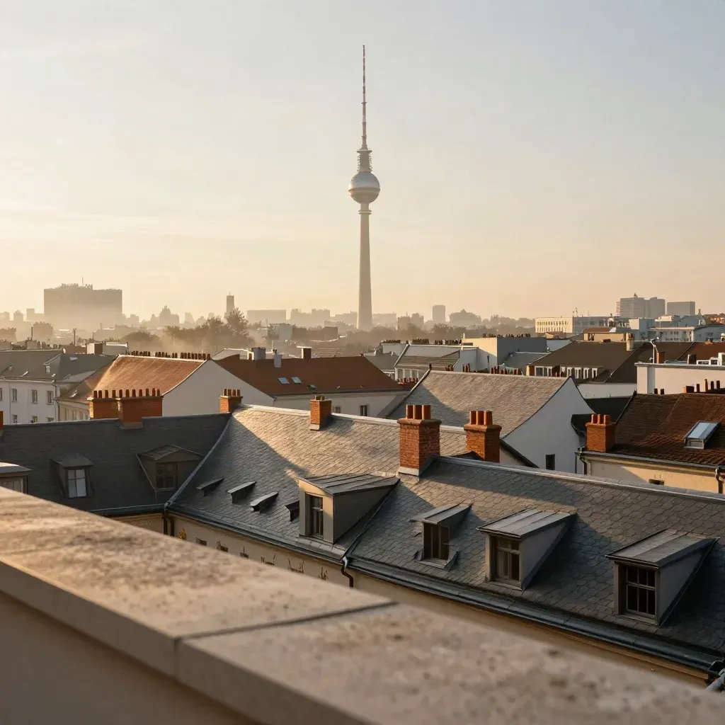 Berliner Dächer bei Sonnenaufgang mit dem Fernsehturm im warmen Dunst und ruhigen Höfen darunter